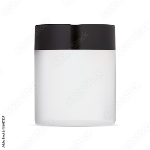 White cream jar mockup. White plastic cosmetic bottle with black cap. Round can for blush powder, shiny template. Skin scrub can, premium hand product illustration. Makeup cosmetic illustration