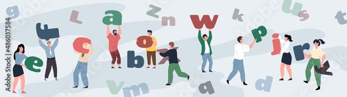 Vector flat cartoon characters hold,carry and move alphabet letters-metaphor of effective teamwork of startup team,business company employees workflow concept,web site banner design