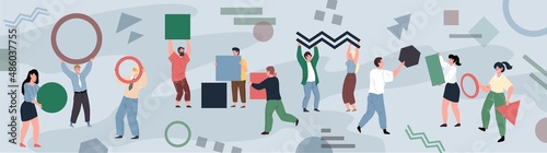 Vector flat cartoon characters hold,carry and move abstract geometric shapes figures-metaphor of effective teamwork of startup team,business company employees workflow concept,web site banner design