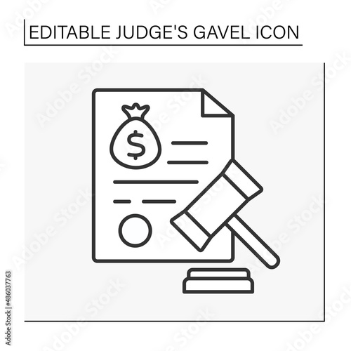  Document line icon. Court. Judge decision. Rights on money. Judge gavel concept. Isolate vector illustration. Editable stroke