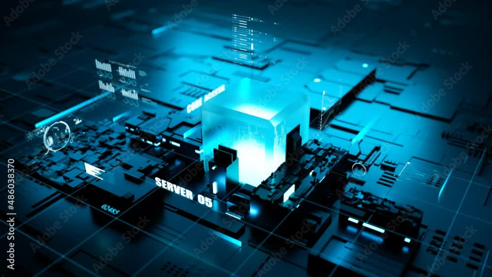 Abstract generic circuits and cpu forming a motherboard. Blue technology and engineering motion background. Depth of field settings. 3D rendering