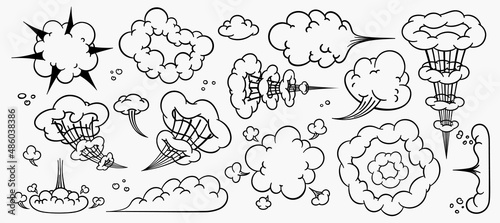 Comic clouds, cartoon vector clouds in line style isolated on light background.