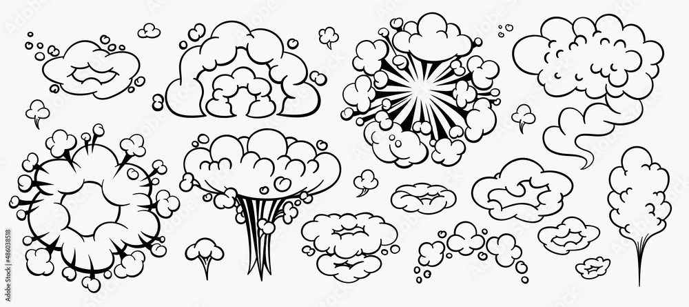 Comic clouds, cartoon vector clouds in line style isolated on light background.