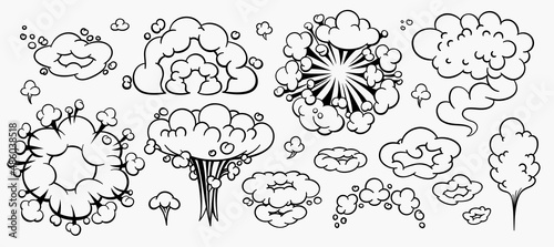 Comic clouds, cartoon vector clouds in line style isolated on light background.