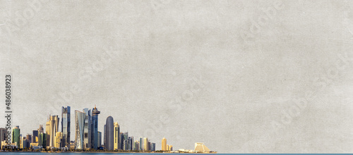 Qatar city skyline banner design with textured background and empty space for text. Inspired by Qatar Football World cup 2022.