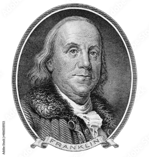 Benjamin Franklin portrait Of Series 1928 A , US dollars banknote.  Vertical close up Old portrait.
 photo