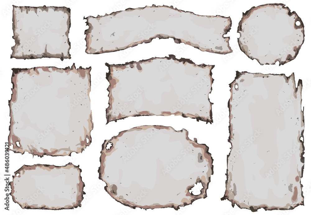 Pieces of burned paper set. Vintage design elements collection. Isolated objects on white background. Vector illustration