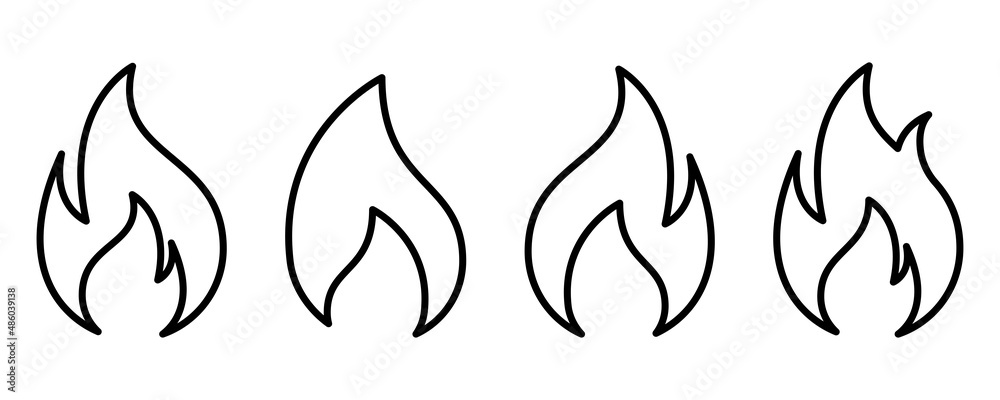 Fire flame icon set. Flame icon in black. Fire symbol in outline. Fireball  sign. Campfire symbol in line. Flame vector. Stock vector illustration  Stock Vector