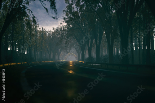 Empty misty road in an autumn forest leading to a tunnel. 3D render.