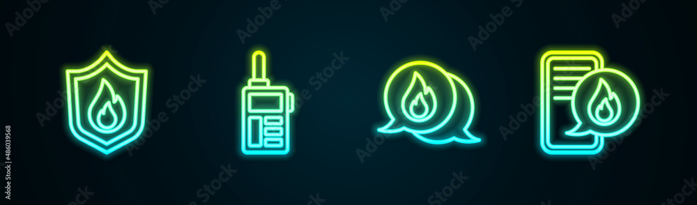 Obraz premium Set line Fire protection shield, Walkie talkie, Telephone call 911 and Phone with emergency. Glowing neon icon. Vector