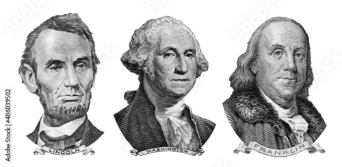 US presidents George Washington, Benjamin Franklin, Abraham Lincoln , portraits from US dollar bills isolated, United States money closeup photo