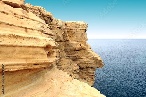 Fossils of tertiary sediments, sandstones, calcarenites and limestones of Tortonian algae, reef limestones of the Mesinian, in the Playazo de Rodalquilar, Natural Park of Cabo de Gata, Almería, spain, photo