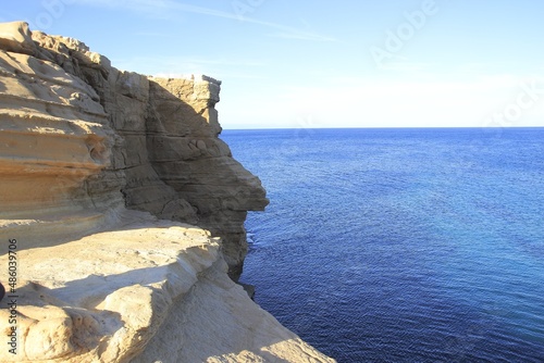  Rodalquilar beach, Natural Park of Cabo de Gata, Almería, spain,   Fossils of tertiary sediments, sandstones, calcarenites and limestones of Tortonian algae, reef limestones of the Mesinian, photo