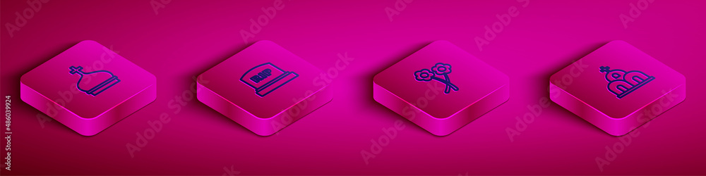 Set Isometric line Church tower, Tombstone with RIP written, Flower and building icon. Vector Set Isometric line Church tower, Tombstone with RIP written, Flower and building icon. Vector