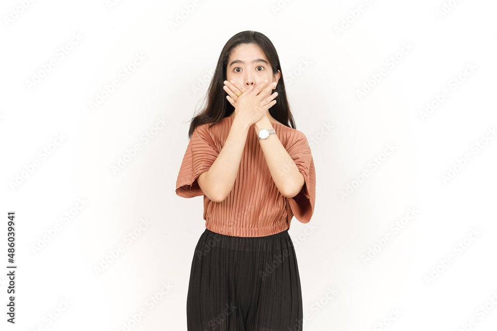 Covering Mouth And Shock Face Of Beautiful Asian Woman Isolated On White Background Covering Mouth And Shock Face Of Beautiful Asian Woman Isolated On White Background