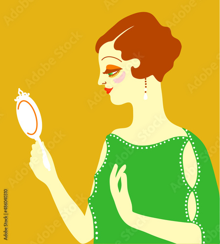 Vintage flapper woman 1920s style in green fashion dress. Vector retro woman with brown hair looks mirror