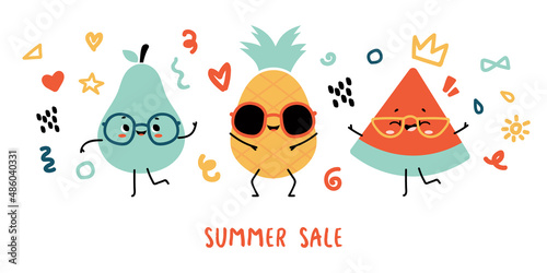 Big set of cute kawaii fruits and berries characters with face. Summer sale banner with cartoon doodle funny fruit and berries. Organic food collection. Baby clipart