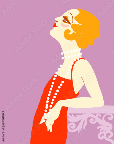 Vintage flapper girl in 1920s style fashion red dress. Vector retro woman with blond hair and fashion lond beads on her neck