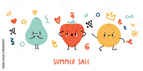 Big set of cute kawaii fruits and berries characters with face. Summer sale banner with cartoon doodle funny fruit and berries. Organic food collection. Baby clipart