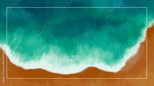 Vector illustration of the sea. View of the sea from above. Beautiful nature. Waves and sand. Imitation of oil painting. Seascape.