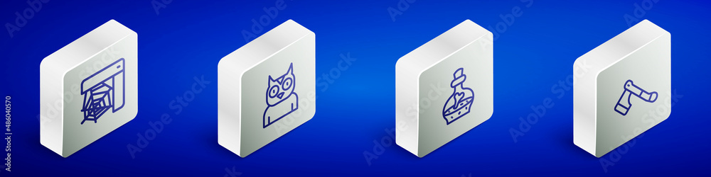 Set Isometric line Spider web, Owl bird, Bottle with potion and Wooden axe icon. Vector