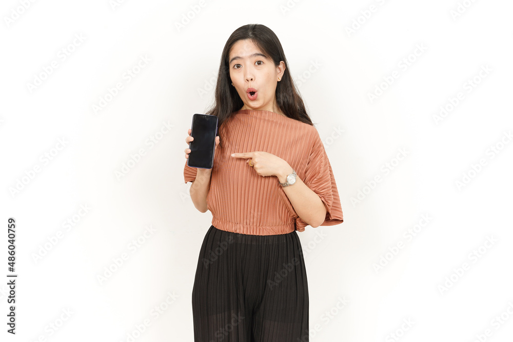 Showing and Presenting Apps On Blank Screen Smartphone Of Beautiful Asian Woman Isolated On White Background