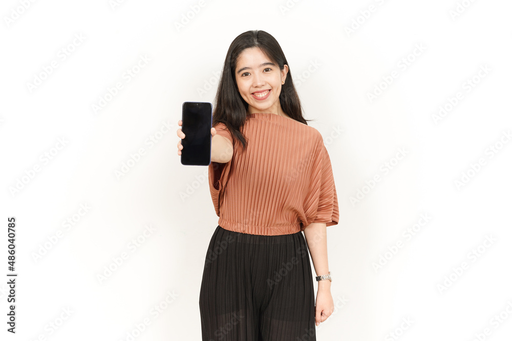 Showing and Presenting Apps On Blank Screen Smartphone Of Beautiful Asian Woman Isolated On White Background Showing and Presenting Apps On Blank Screen Smartphone Of Beautiful Asian Woman Isolated On White Background