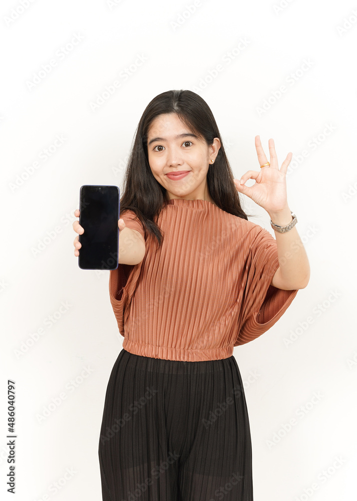 Showing and Presenting Apps On Blank Screen Smartphone Of Beautiful Asian Woman Isolated On White Background Showing and Presenting Apps On Blank Screen Smartphone Of Beautiful Asian Woman Isolated On White Background