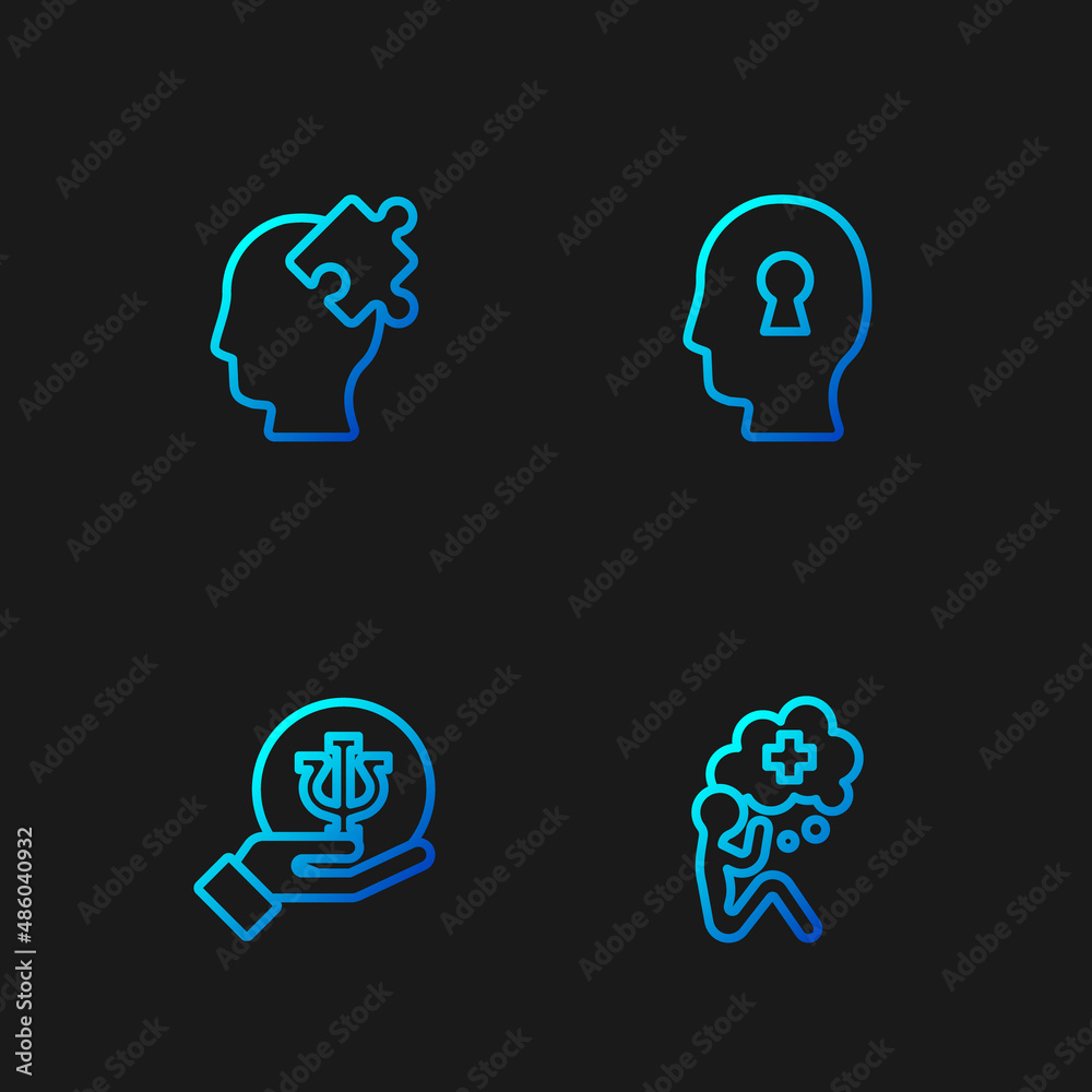 Set line Helping hand, Psychology, Psi, Solution to the problem and . Gradient color icons. Vector Set line Helping hand, Psychology, Psi, Solution to the problem and . Gradient color icons. Vector