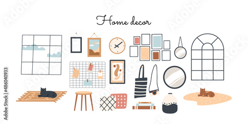 Trendy scandinavian hygiene interior, boho style. Vase, rug, mirror, pillow, home decorations. Cozy Interior living rooms or apartments furniture set. Flat vector illustration bundle