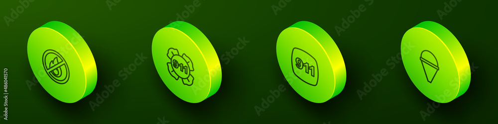 Set Isometric line No fire, Emergency call 911, and Fire cone bucket icon. Vector Set Isometric line No fire, Emergency call 911, and Fire cone bucket icon. Vector