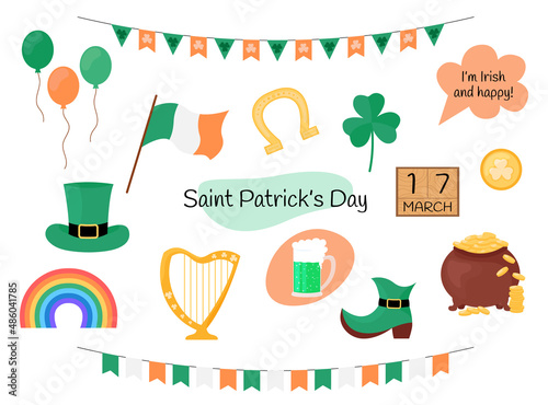 Saint Patricks Day set of holiday elements. Vector collection of isolated traditional Irish items. St Patricks shamrock  green beer  gold and other