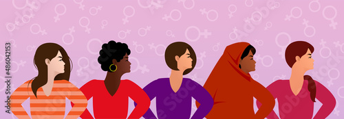 International Women's Day. Vector illustration of five happy smiling diverse women standing together.	