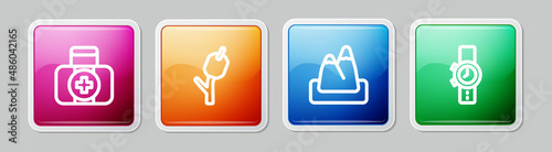 Set line First aid kit, Marshmallow on stick, Mountains and Wrist watch. Colorful square button. Vector