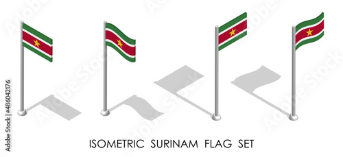 isometric flag of Republic of SURINAM in static position and in motion on flagpole. 3d vector