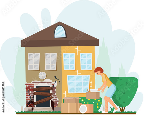 Home renovation, house before and after repair. New and old suburban cottage. Remodel construction. Old run-down house remodeled into cute traditional suburban cottage. Building maintenance service