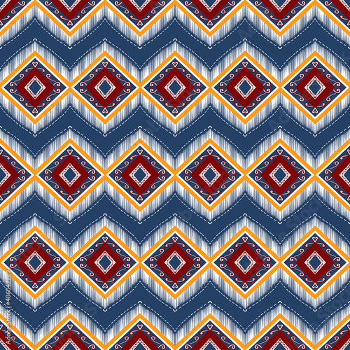 Red  Yellow  White on Navy Blue. Geometric ethnic oriental pattern traditional Design for background carpet wallpaper clothing wrapping Batik fabric  illustration embroidery style