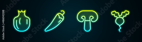 Set line Pomegranate, Hot chili pepper, Mushroom and Radish. Glowing neon icon. Vector