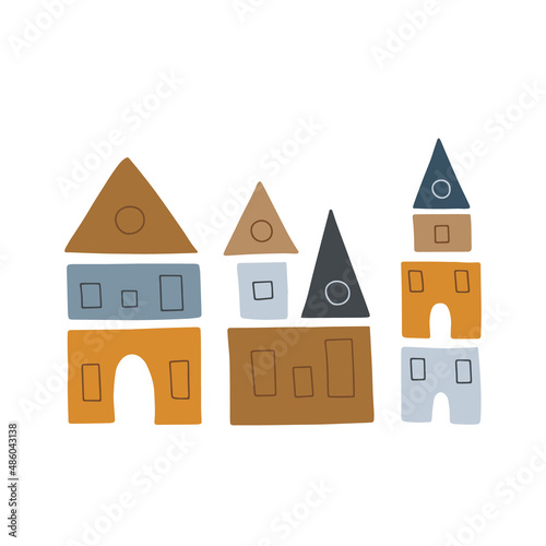 Towers of children toy blocks. Multicolored kids bricks for building and playing. Education toys for preschool kids for early childhood development. Set of vector illustrations on white background