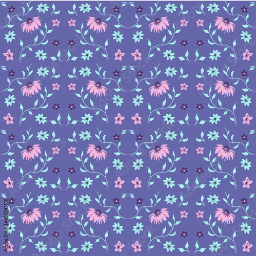 Very peri flower pattern. Flowers in purple, blue and pink color. Very peri seamless background. Hand drawn natural fabric design.