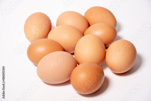 ten chicken eggs in the center on a white background