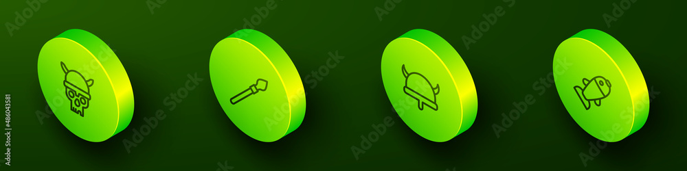 Set Isometric line Skull with viking helmet, Medieval spear, Viking horned and Fish icon. Vector Set Isometric line Skull with viking helmet, Medieval spear, Viking horned and Fish icon. Vector