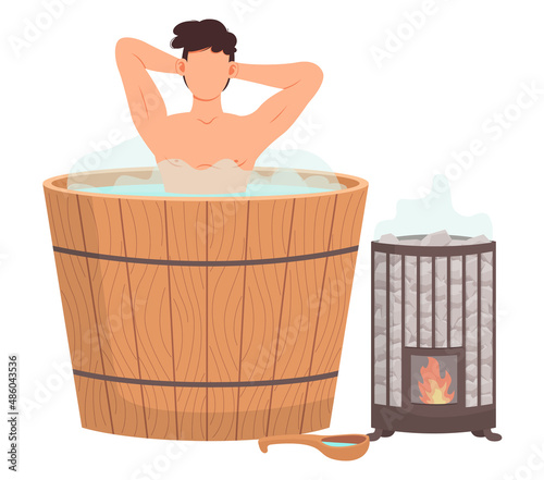 Young man sitting in tub washing his body in sauna. Bathhouse or banya at home isolated. Guy in barrel is resting in sauna. Male character in hot steam. Wellness spa procedures in wooden water barrel