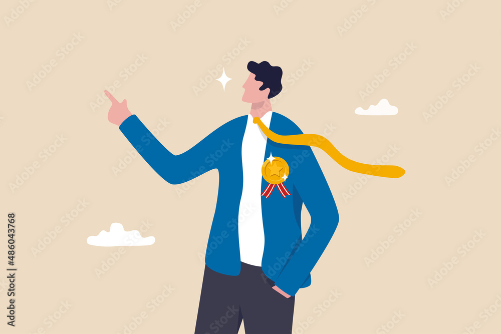 Expertise advice, top performance employee or award recognition winning, smart salesman or leadership concept, confidence businessman manager with award winning emblem giving advice or consult. Expertise advice, top performance employee or award recognition winning, smart salesman or leadership concept, confidence businessman manager with award winning emblem giving advice or consult.