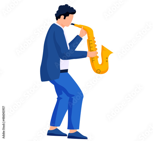 Saxophone player with sax stands on white background plays melody. Saxophonist playing on blowing musical instrument jazzman orchestra player with sax. Professional artist musical performer on concert
