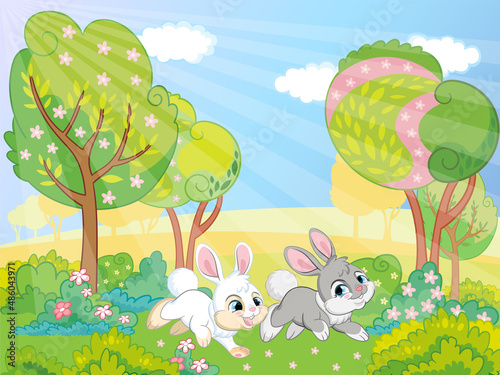 Two cute bunnies running on grass vector illustration