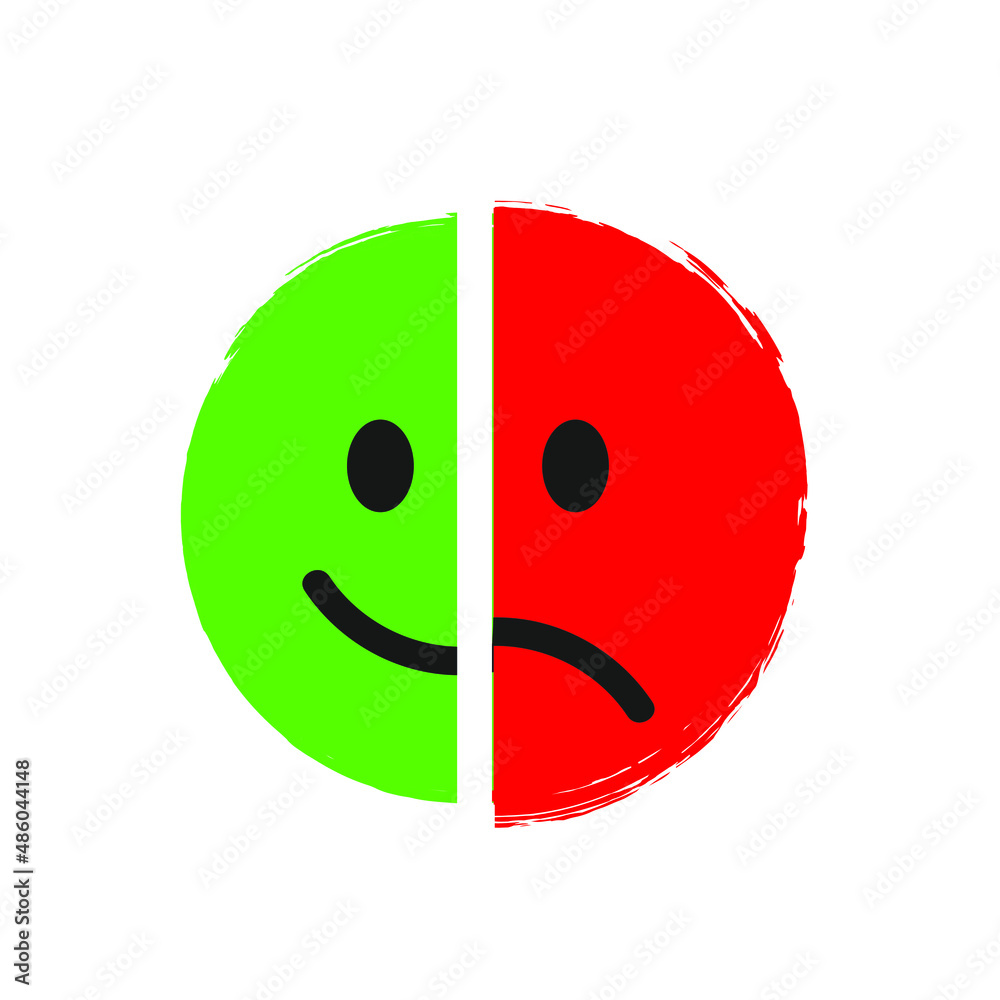 Fototapeta premium Positive and negative emoticons isolated on white background. Happy and unhappy smile. Green and red colour. Vector illustration