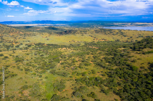 Drone photography. Overlooking the Mfazimnyama valley of the Spioenkop Game Reserve with Spioenkodam in the background.
South Africa. photo