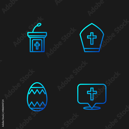 Set line Location church building, Easter egg, Church sermon tribune and Pope hat. Gradient color icons. Vector