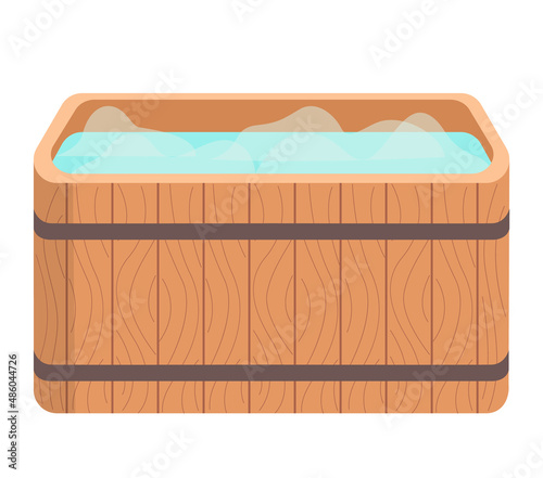 Wooden tub for bath. Pot, bucket with blue water. Cracks in boards. Sauna water basin icon. Bathhouse element bathtube. Wellness spa procedures in wooden water barrel. Vat made with plank isolated